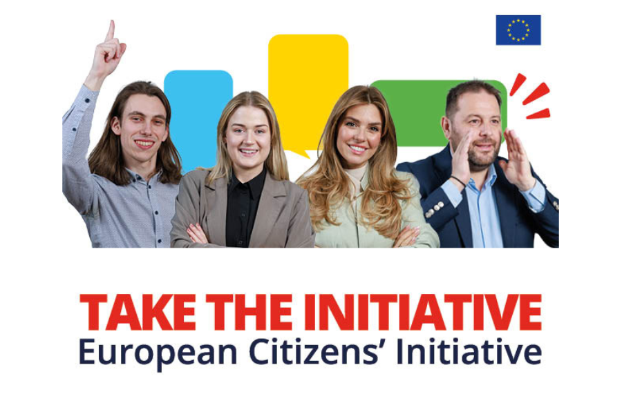 Four people stand in front of colorful speech bubbles, with the European Union flag in the top right corner. Bold red and blue text reads: "TAKE THE INITIATIVE European Citizens’ Initiative."