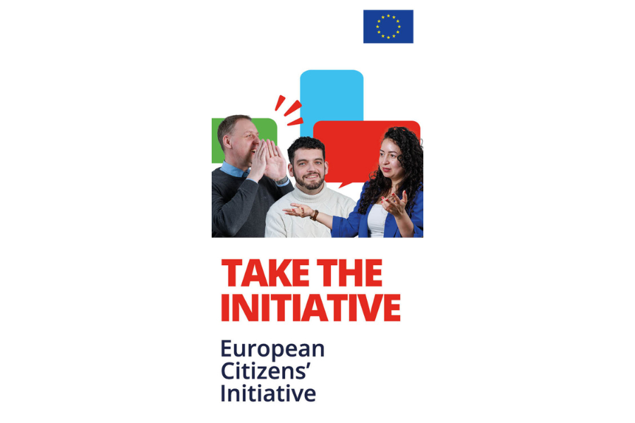 Three people stand in front of colorful speech bubbles, with the European Union flag in the top right corner. Bold red and blue text reads: "TAKE THE INITIATIVE European Citizens’ Initiative."