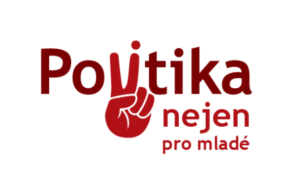 Logo for Politika nejen pro mladé, featuring the word "Politika" with a hand making a peace sign as the "i", and the words "nejen pro mladé" below.