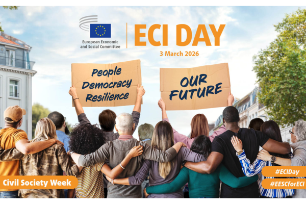 A diverse group of people hold signs that say "People Democracy Resilience" and "Our Future". The event information is shown: ECI Day on March 3, 2026, during Civil Society Week. The European Economic and Social Committee logo is visible.