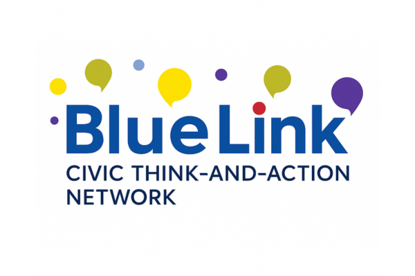 The logo for BlueLink features the words "BlueLink" in large blue sans-serif font, with colorful speech bubbles above and dots surrounding the text. Below, "CIVIC THINK-AND-ACTION NETWORK" is written in smaller, dark blue capital letters.