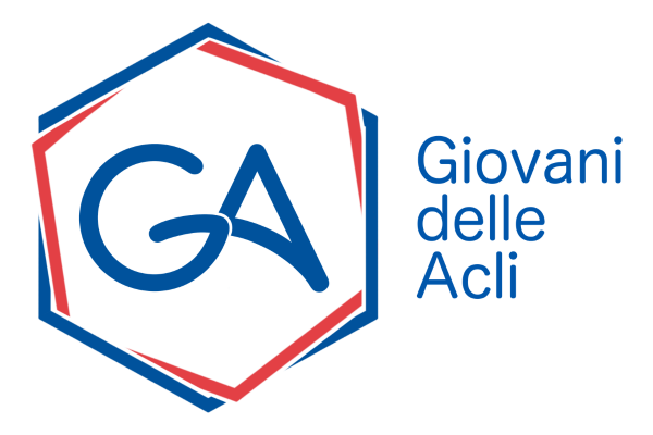 Logo of organisation 'Giovani delle Acli' with blue text and hexagon shape in red and blue with 'GA' blue text inside