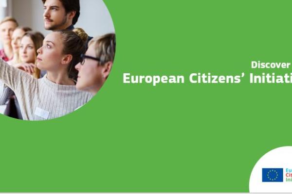 frontpage of ppt presentation with words "discover the European Citizens' initiative" and a photo of young people looking at a screen