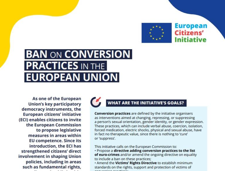 front page of the factsheet explaining the Ban Conversion Practices ECI and the reply to it
