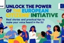 Image promoting a webinar titled "Unlock the Power of the European Citizens' Initiative." The text includes "Real stories and practical tips to make your voice heard in the EU." The image features diverse individuals engaged in conversation and activities, with the European Union flag in the top right corner.